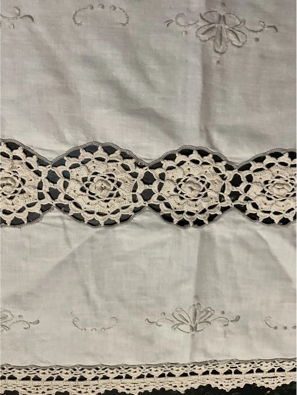 Handcrafted Embroidered Linen Table Runner with Crochet Lace 52” x 14 1/2”